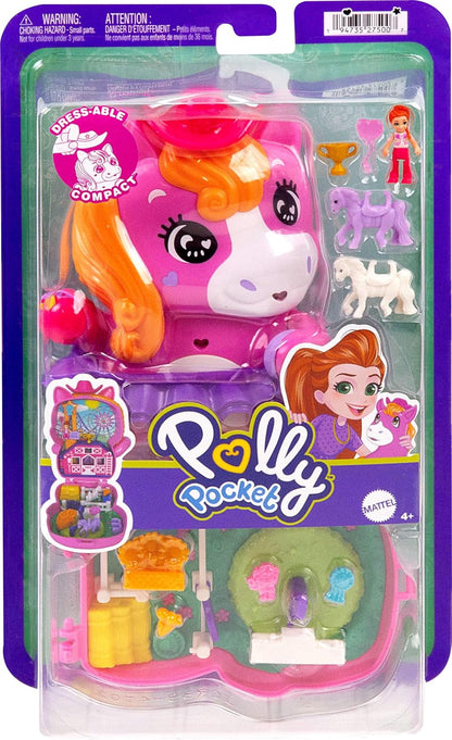 Polly Pocket Dolls and Playset, Pony Rodeo Compact, Travel Toy with 1 Micro Doll, Pet Horses, Food & Fashion Styling Accessories