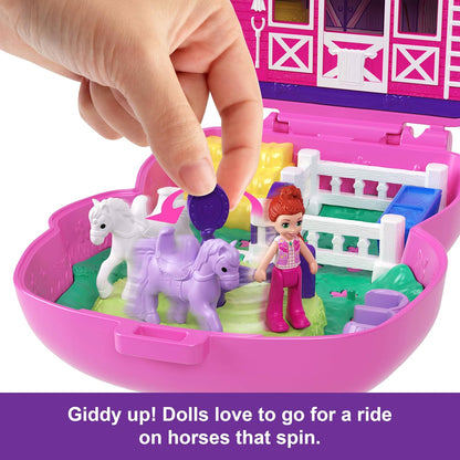 Polly Pocket Dolls and Playset, Pony Rodeo Compact, Travel Toy with 1 Micro Doll, Pet Horses, Food & Fashion Styling Accessories