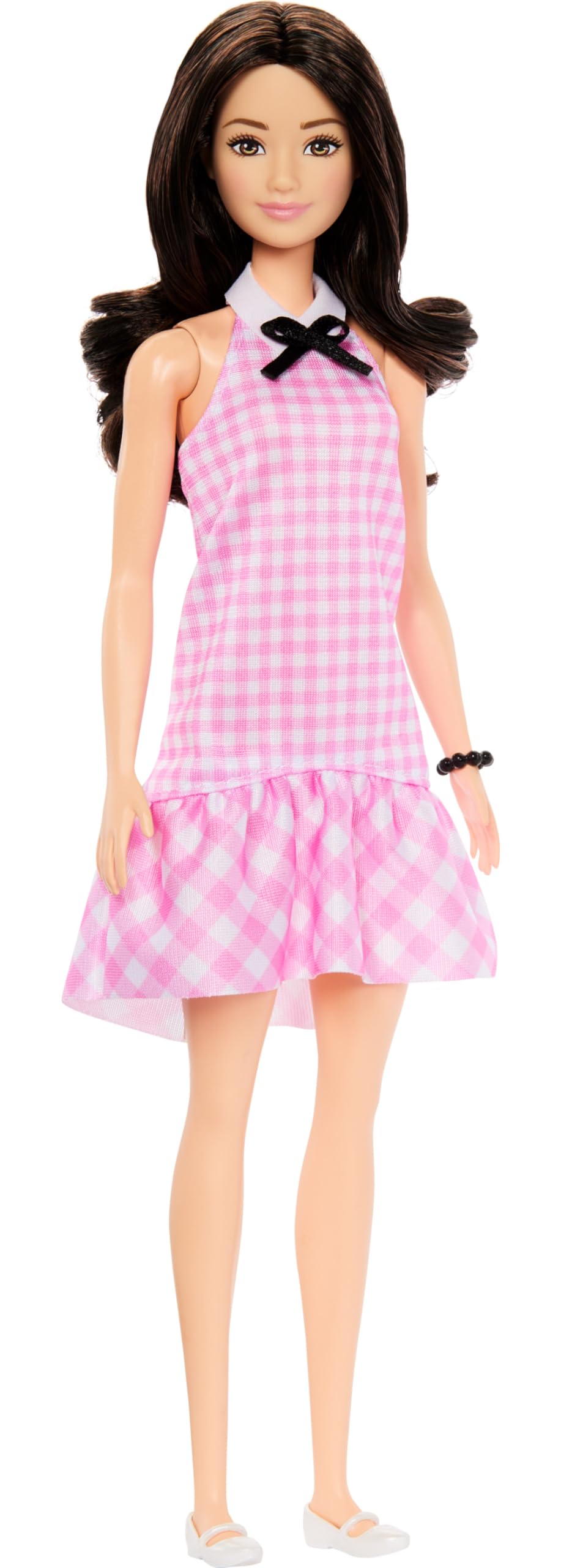 Barbie Fashionistas Doll #224 with Black Wavy Hair, Pink Gingham Dress & Accessories, 65th Anniversary Collectible Fashion Doll, HRH21