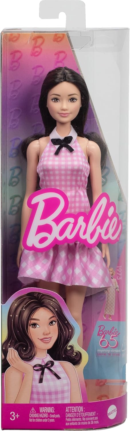 Barbie Fashionistas Doll #224 with Black Wavy Hair, Pink Gingham Dress & Accessories, 65th Anniversary Collectible Fashion Doll, HRH21