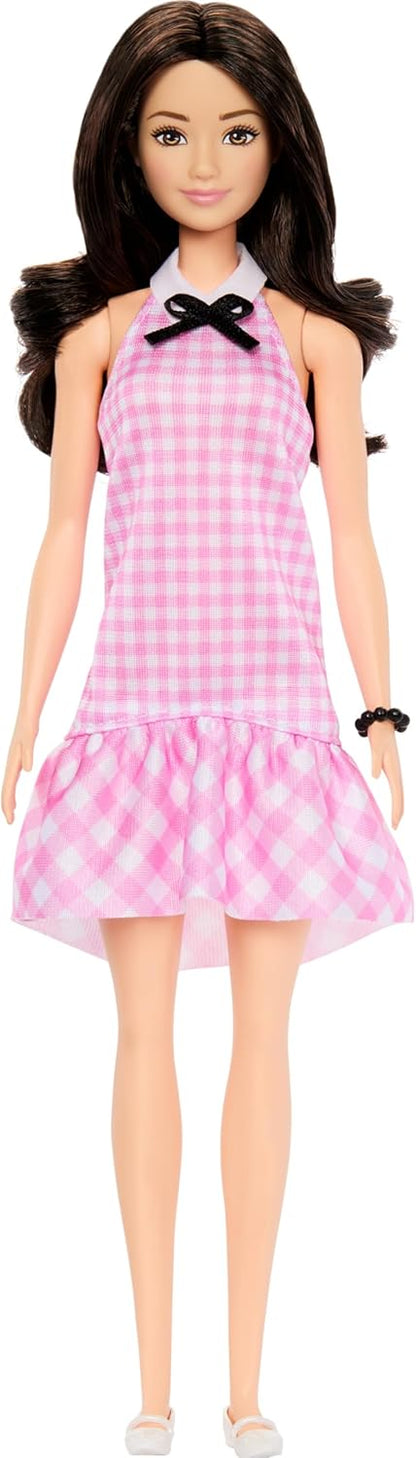 Barbie Fashionistas Doll #224 with Black Wavy Hair, Pink Gingham Dress & Accessories, 65th Anniversary Collectible Fashion Doll, HRH21