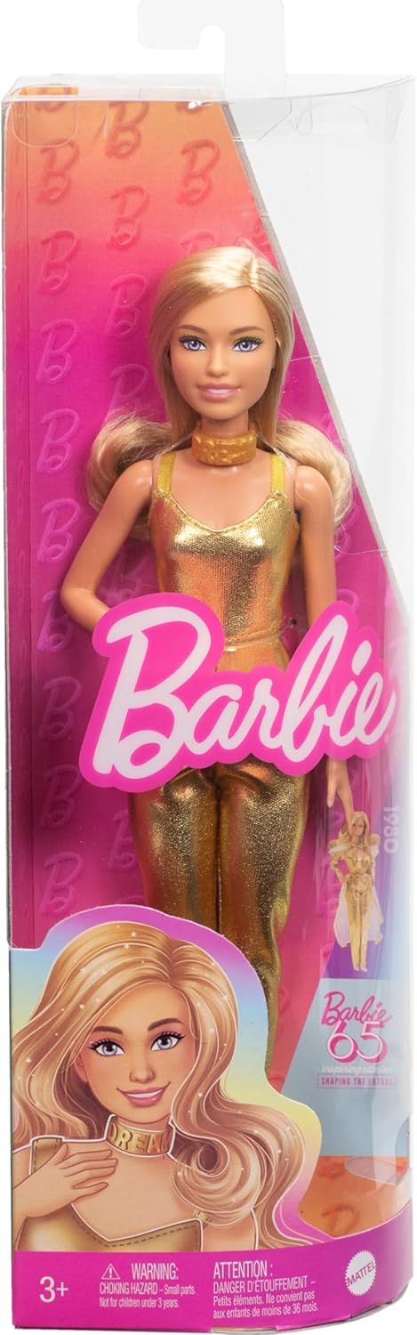 Barbie Fashionistas Doll #222, Petite Body Type with Blonde Wavy Hair, Golden Jumpsuit & Accessories, 65th Anniversary Collectible Fashion Doll, HRH19