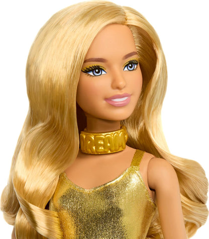 Barbie Fashionistas Doll #222, Petite Body Type with Blonde Wavy Hair, Golden Jumpsuit & Accessories, 65th Anniversary Collectible Fashion Doll, HRH19