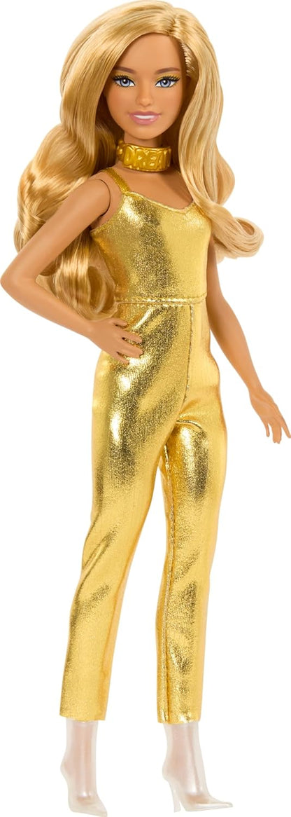 Barbie Fashionistas Doll #222, Petite Body Type with Blonde Wavy Hair, Golden Jumpsuit & Accessories, 65th Anniversary Collectible Fashion Doll, HRH19
