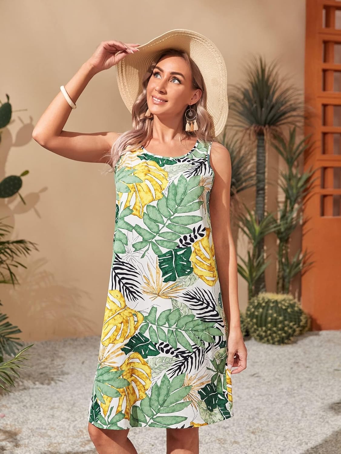 PHONME Abito da donna con stampa tropicale, scollo rotondo PHONME