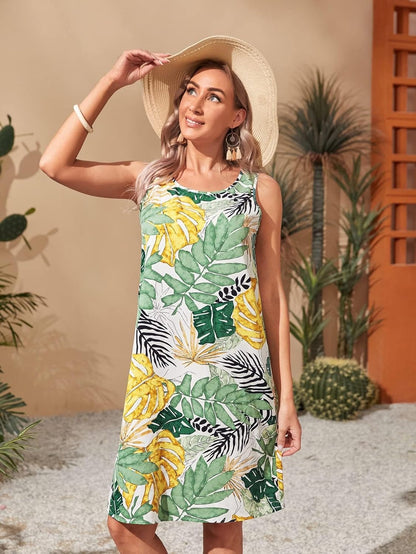 PHONME Abito da donna con stampa tropicale, scollo rotondo PHONME