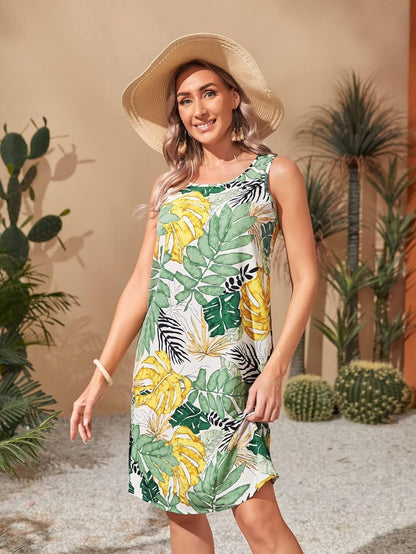 PHONME Abito da donna con stampa tropicale, scollo rotondo PHONME