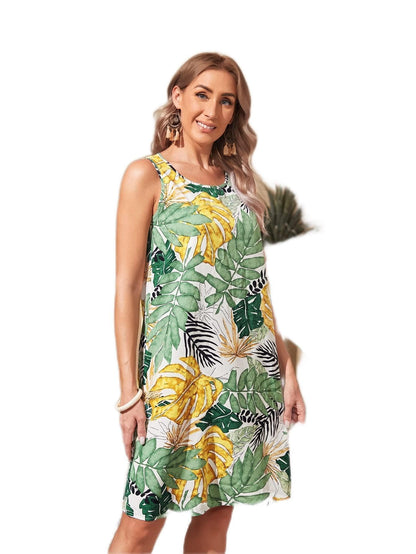 PHONME Abito da donna con stampa tropicale, scollo rotondo PHONME