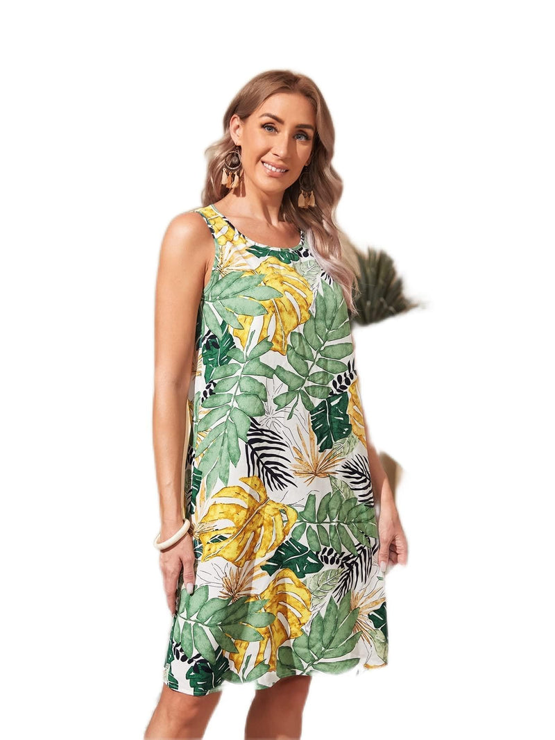 PHONME Abito da donna con stampa tropicale, scollo rotondo PHONME