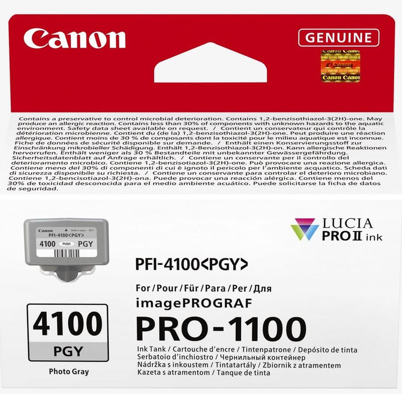 Canon PFI-4100PGY Genuine Printer Ink Cartridge - High Performance & Fade Resistant Ink (1 x Photo Grey Cartridge) - Compatible with imagePROGRAF PRO-1100