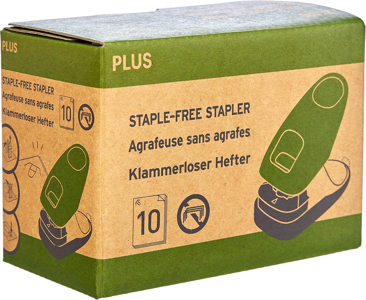 PLUS Japan, Staple-Free Stapler Desktop Model Green, 10 sheet capacity, 1 piece pack (1 x 1 Stapler