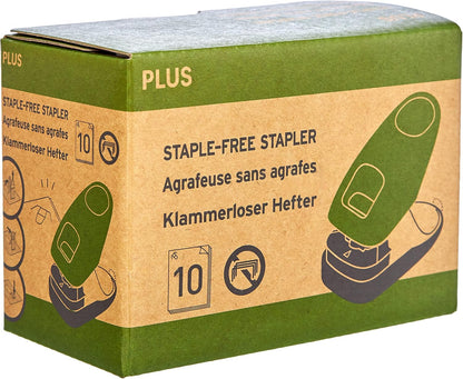 PLUS Japan, Staple-Free Stapler Desktop Model Green, 10 sheet capacity, 1 piece pack (1 x 1 Stapler