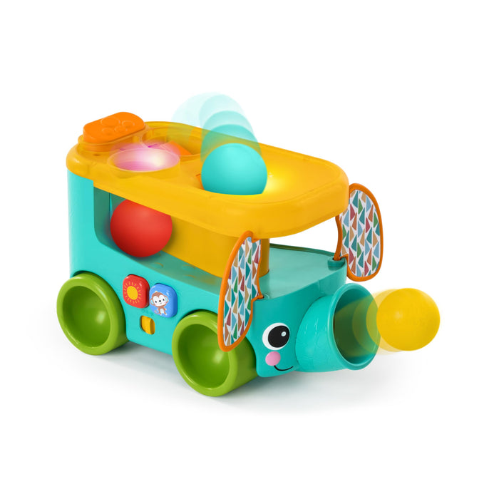 Bright Starts Pop & Roll Safari Bus Ball Play Toy, Elephant Popper and Launcher, Baby Crawling Toy, Unisex, Ages 6 Months+