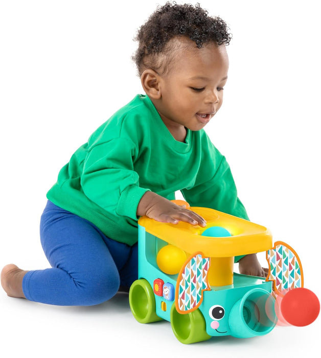 Bright Starts Pop & Roll Safari Bus Ball Play Toy, Elephant Popper and Launcher, Baby Crawling Toy, Unisex, Ages 6 Months+