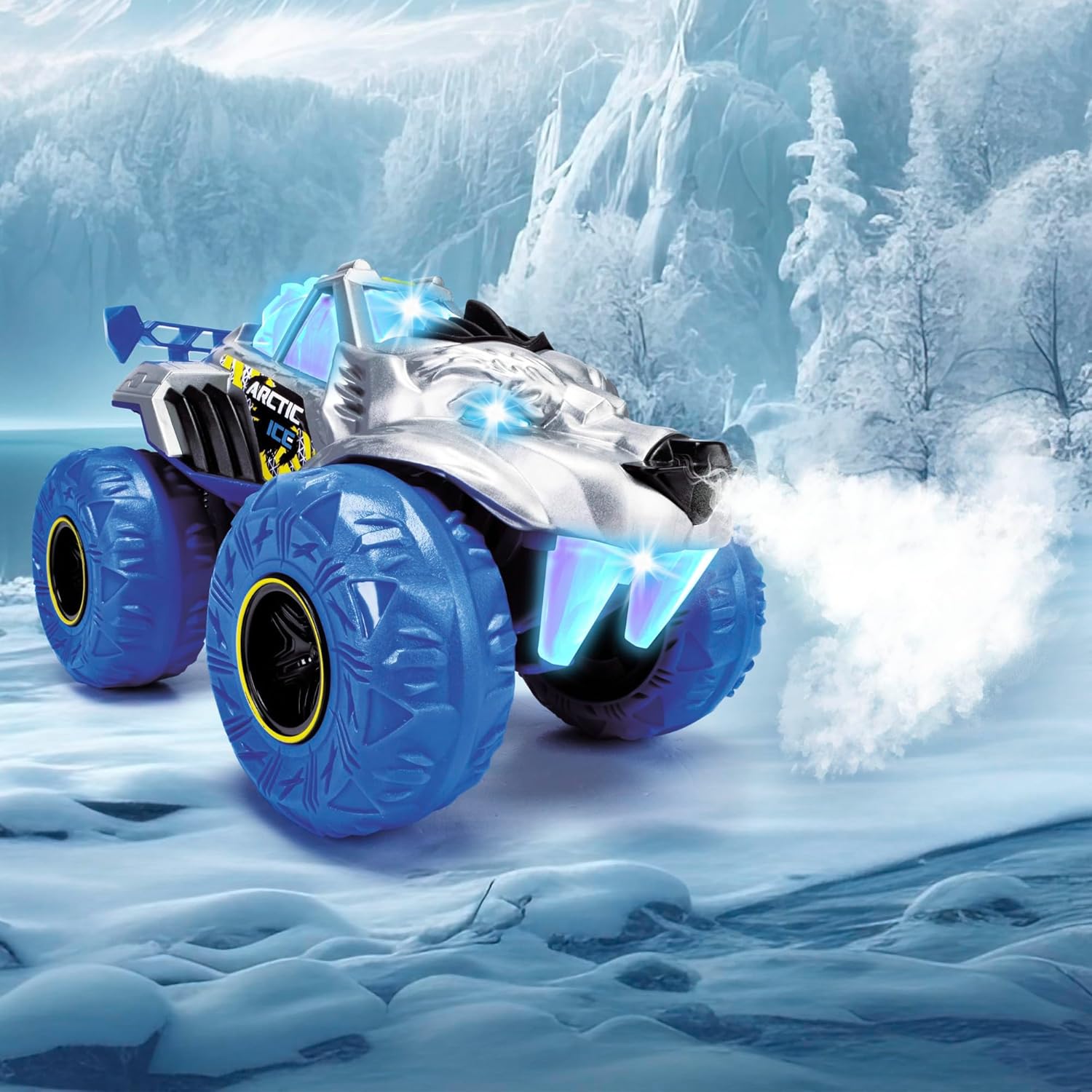 Dickie Toys – Arctic Ice Monster Auto, 25 cm, grande monster truck con funzione vapore e pneumatici in gomma, macchinina giocattolo per bambini dai 3 anni, luci e suoni, batterie incluse, 203754002
