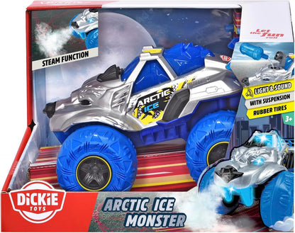 Dickie Toys – Arctic Ice Monster Auto, 25 cm, grande monster truck con funzione vapore e pneumatici in gomma, macchinina giocattolo per bambini dai 3 anni, luci e suoni, batterie incluse, 203754002