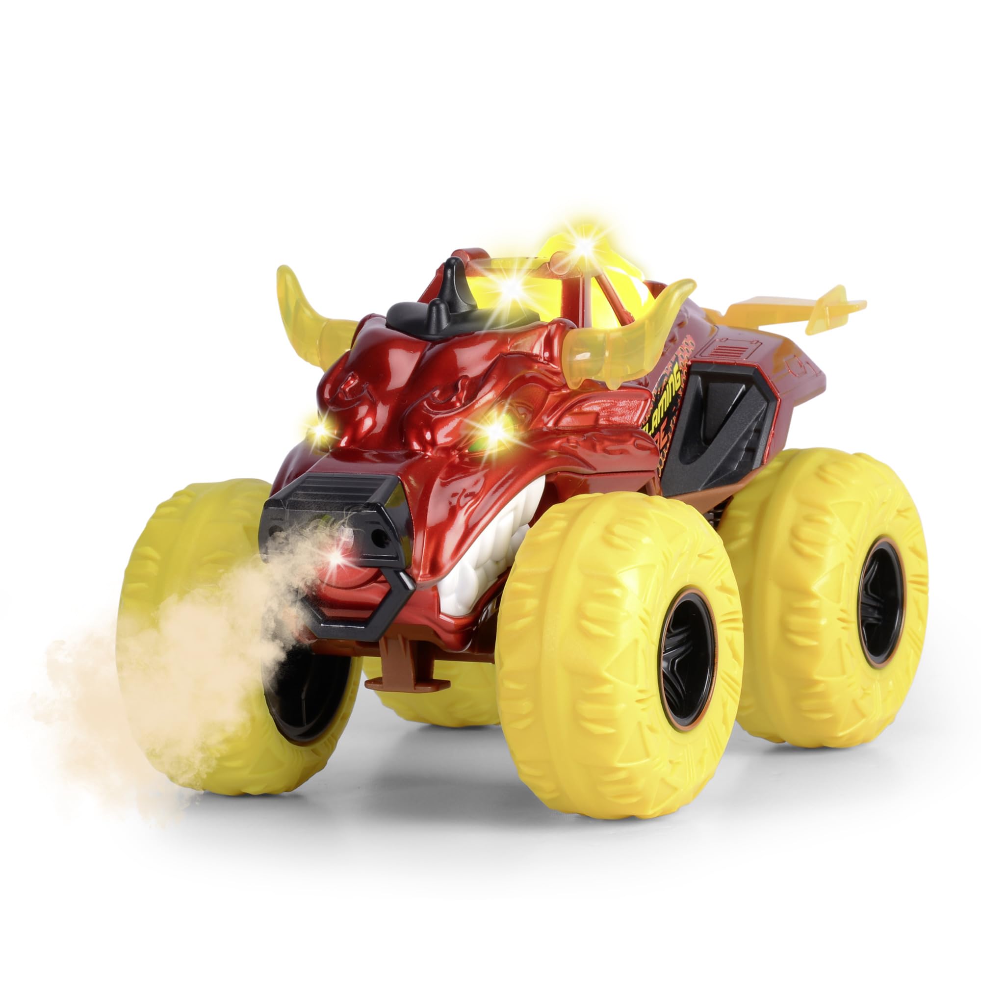 Dickie Toys - Flaming Fire Monster Auto (25 cm) - Camión Monstruo Grande a Partir de 3 años con función de Vapor y neumáticos de Goma, Coche de Juguete para niños con Rueda Libre, luz y Sonido