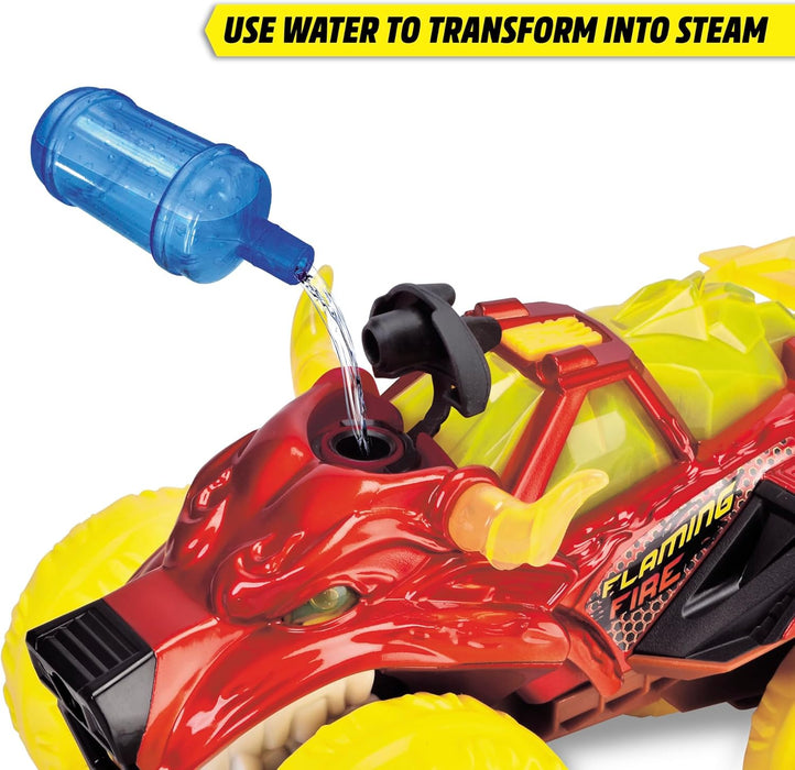 Dickie Toys - Flaming Fire Monster Auto (25 cm) - Camión Monstruo Grande a Partir de 3 años con función de Vapor y neumáticos de Goma, Coche de Juguete para niños con Rueda Libre, luz y Sonido