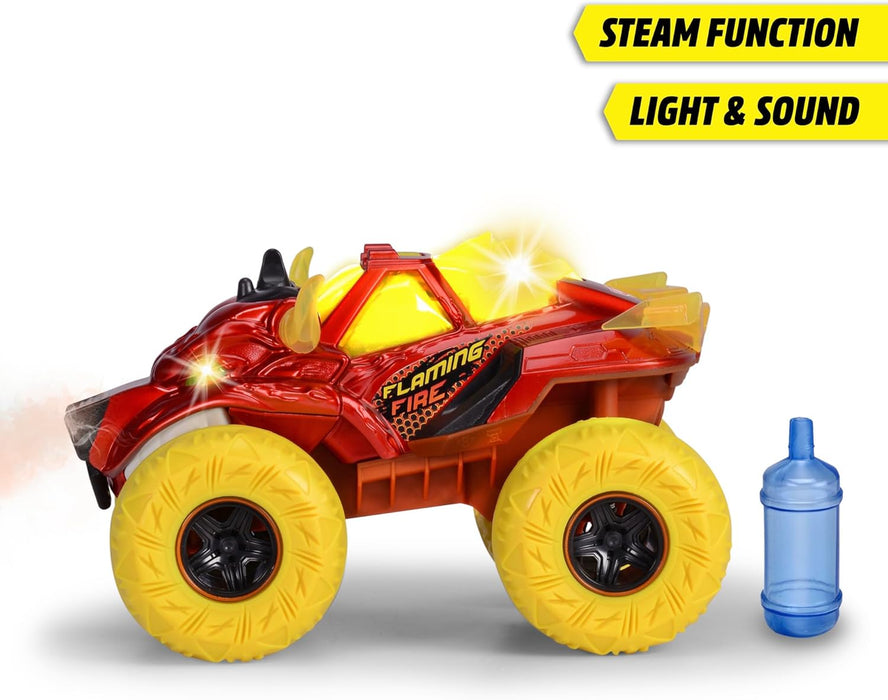 Dickie Toys - Flaming Fire Monster Auto (25 cm) - Camión Monstruo Grande a Partir de 3 años con función de Vapor y neumáticos de Goma, Coche de Juguete para niños con Rueda Libre, luz y Sonido