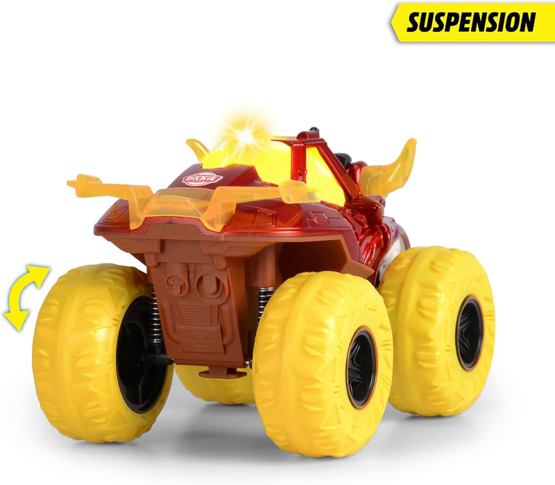 Dickie Toys - Flaming Fire Monster Auto (25 cm) - Camión Monstruo Grande a Partir de 3 años con función de Vapor y neumáticos de Goma, Coche de Juguete para niños con Rueda Libre, luz y Sonido