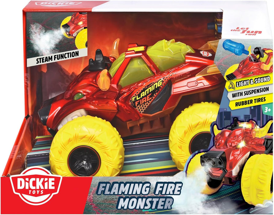 Dickie Toys - Flaming Fire Monster Auto (25 cm) - Camión Monstruo Grande a Partir de 3 años con función de Vapor y neumáticos de Goma, Coche de Juguete para niños con Rueda Libre, luz y Sonido
