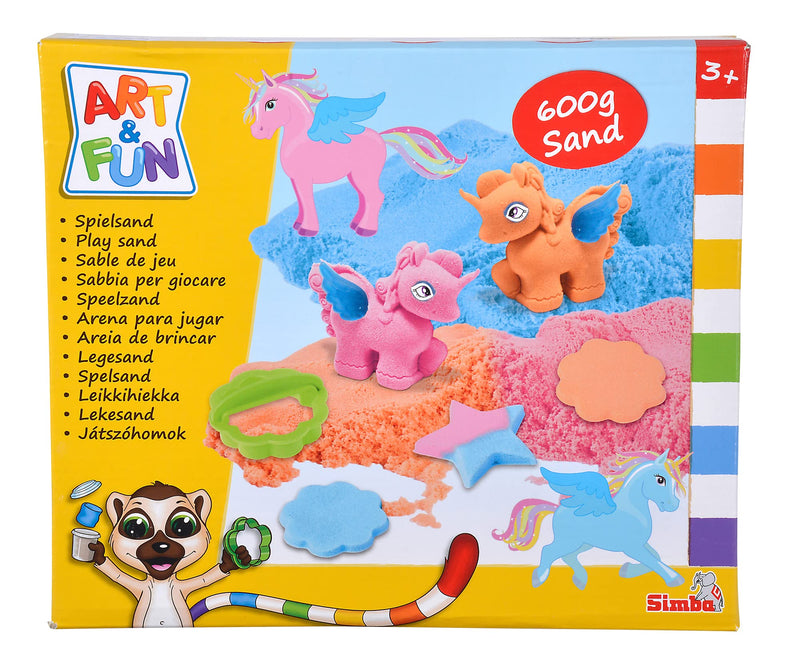 Simba 106344622 Kreativität Art and Fun Play Sand Set, 3 x 200 g Sand, Platform, Unicorn 3D Shape, Wings, 4 x Eyes, 1 x Sticker, Roller, 2 x Cookie Cutters, from 3 Years, Multicoloured