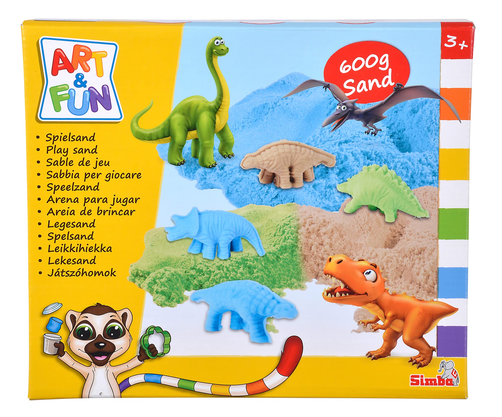Art and Fun Dinosaur Play Sand Set, 3 x 200 g Sand, Platform, 4 x Dino 3D Shape, Fossil Shape, Scooter, Knife, from 3 Years