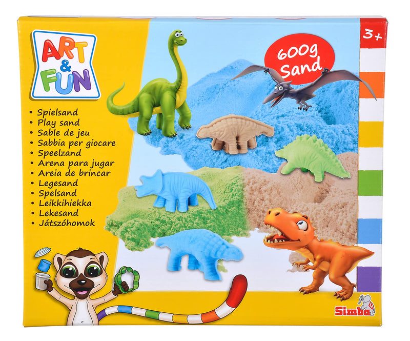 Art and Fun Dinosaur Play Sand Set, 3 x 200 g Sand, Platform, 4 x Dino 3D Shape, Fossil Shape, Scooter, Knife, from 3 Years
