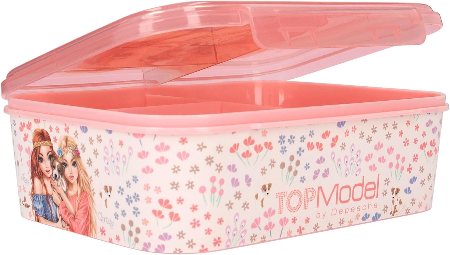 Depesche 12888 TOPModel Velo Fleur Pink, with Model Motif and Flower Pattern, Lunch Box with 3 Compartments and Transparent Lid, PP Plastic, Multicoloured