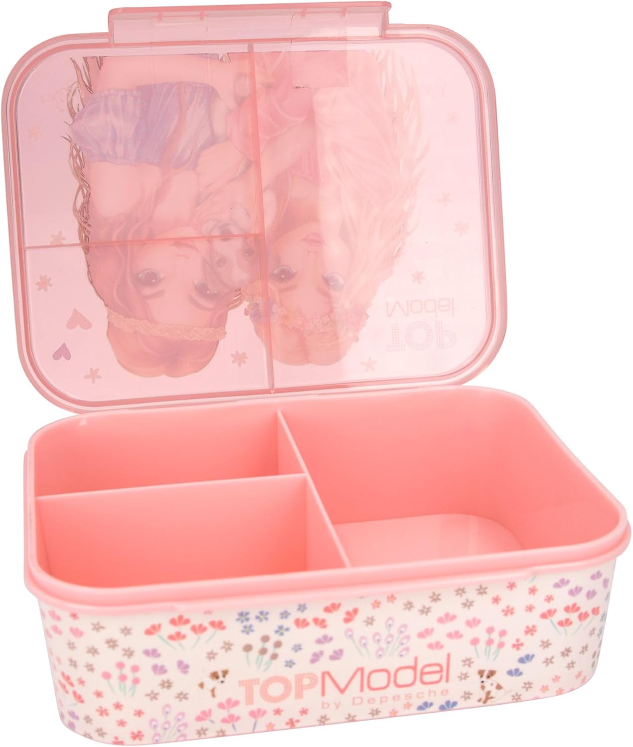 Depesche 12888 TOPModel Velo Fleur Pink, with Model Motif and Flower Pattern, Lunch Box with 3 Compartments and Transparent Lid, PP Plastic, Multicoloured