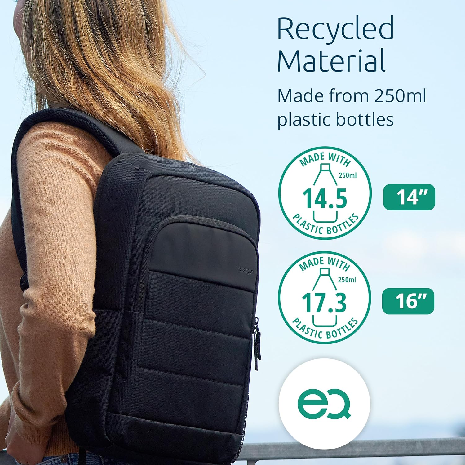Kensington EQ 16" Laptop Backpack - Protective with Padded Straps and Breathable Mesh Fabric, Made from 17.3 x 250ml plastic bottles - for Laptops Up to 16" (K60392WW