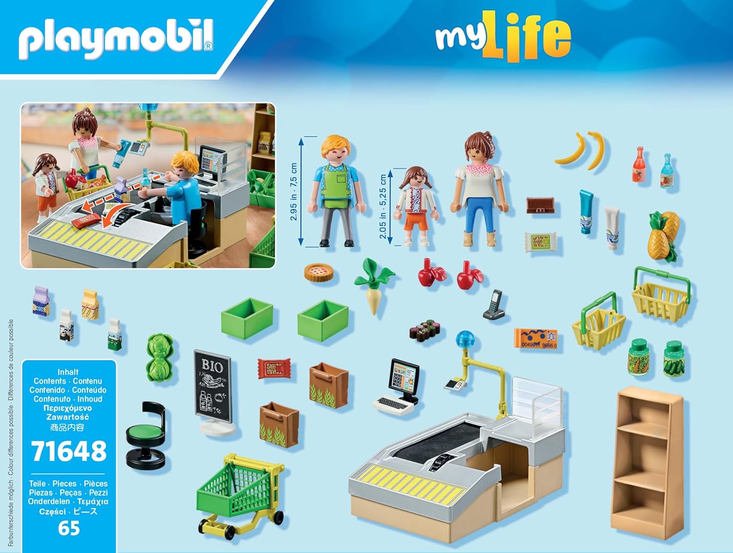 PLAYMOBIL MyLife Promo Pack 71648 Supermercato bio, con Cassa con Nastro trasportatore, Carrello della Spesa e Tre Personaggi, Giocattolo per Bambini dai 4 Anni in su