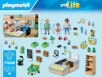 PLAYMOBIL MyLife Promo Pack 71648 Supermercato bio, con Cassa con Nastro trasportatore, Carrello della Spesa e Tre Personaggi, Giocattolo per Bambini dai 4 Anni in su