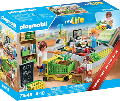PLAYMOBIL MyLife Promo Pack 71648 Supermercato bio, con Cassa con Nastro trasportatore, Carrello della Spesa e Tre Personaggi, Giocattolo per Bambini dai 4 Anni in su