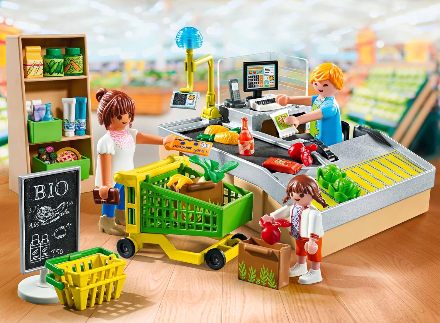 PLAYMOBIL MyLife Promo Pack 71648 Supermercato bio, con Cassa con Nastro trasportatore, Carrello della Spesa e Tre Personaggi, Giocattolo per Bambini dai 4 Anni in su