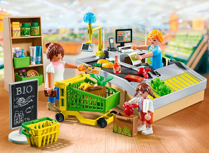 PLAYMOBIL MyLife Promo Pack 71648 Supermercato bio, con Cassa con Nastro trasportatore, Carrello della Spesa e Tre Personaggi, Giocattolo per Bambini dai 4 Anni in su
