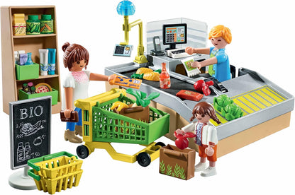 PLAYMOBIL MyLife Promo Pack 71648 Supermercato bio, con Cassa con Nastro trasportatore, Carrello della Spesa e Tre Personaggi, Giocattolo per Bambini dai 4 Anni in su