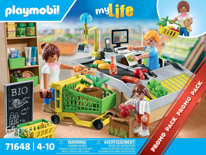 PLAYMOBIL MyLife Promo Pack 71648 Supermercato bio, con Cassa con Nastro trasportatore, Carrello della Spesa e Tre Personaggi, Giocattolo per Bambini dai 4 Anni in su