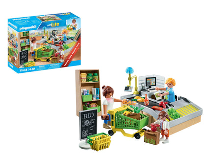 PLAYMOBIL MyLife Promo Pack 71648 Supermercato bio, con Cassa con Nastro trasportatore, Carrello della Spesa e Tre Personaggi, Giocattolo per Bambini dai 4 Anni in su