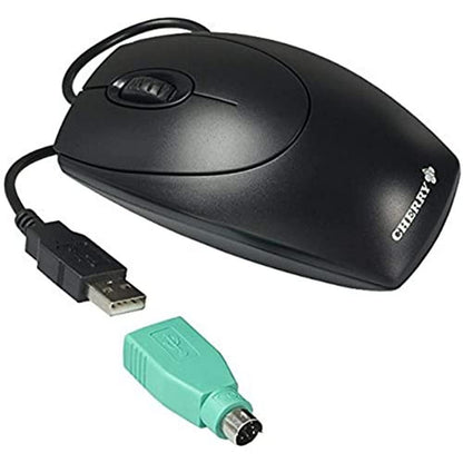 CHERRY WheelMouse, Kabelgebundene Maus, Symmetrisches Design für Rechts- und Linkshänder, Optischer Sensor, USB-Anschluss, PS/2-Adapter inklusive, Schwarz