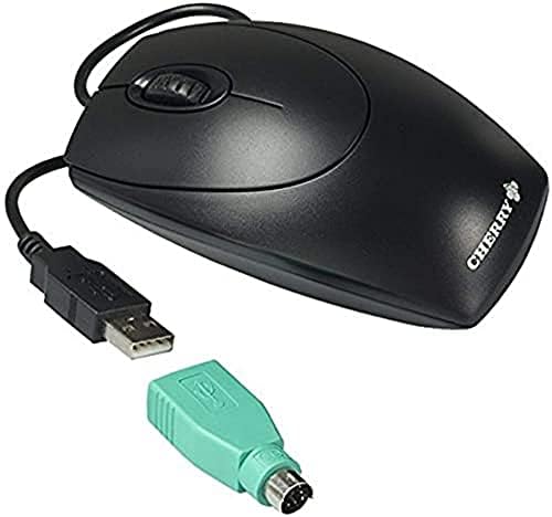 CHERRY WheelMouse, Kabelgebundene Maus, Symmetrisches Design für Rechts- und Linkshänder, Optischer Sensor, USB-Anschluss, PS/2-Adapter inklusive, Schwarz