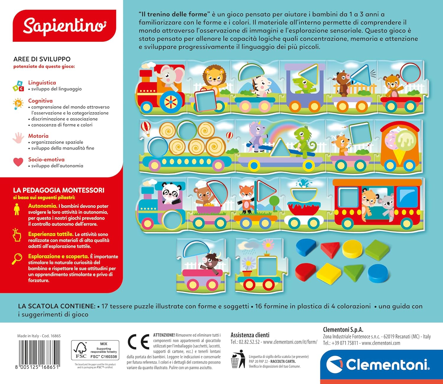 Clementoni Sapientino Montessori – Der Zug der Formen – Lernspiel 1 Jahr, Flashcards Puzzle, Lernkarten für Kinder, Montessori-Spiel zum Lernen der Formen, Italienisch, Made in Italy, 16865