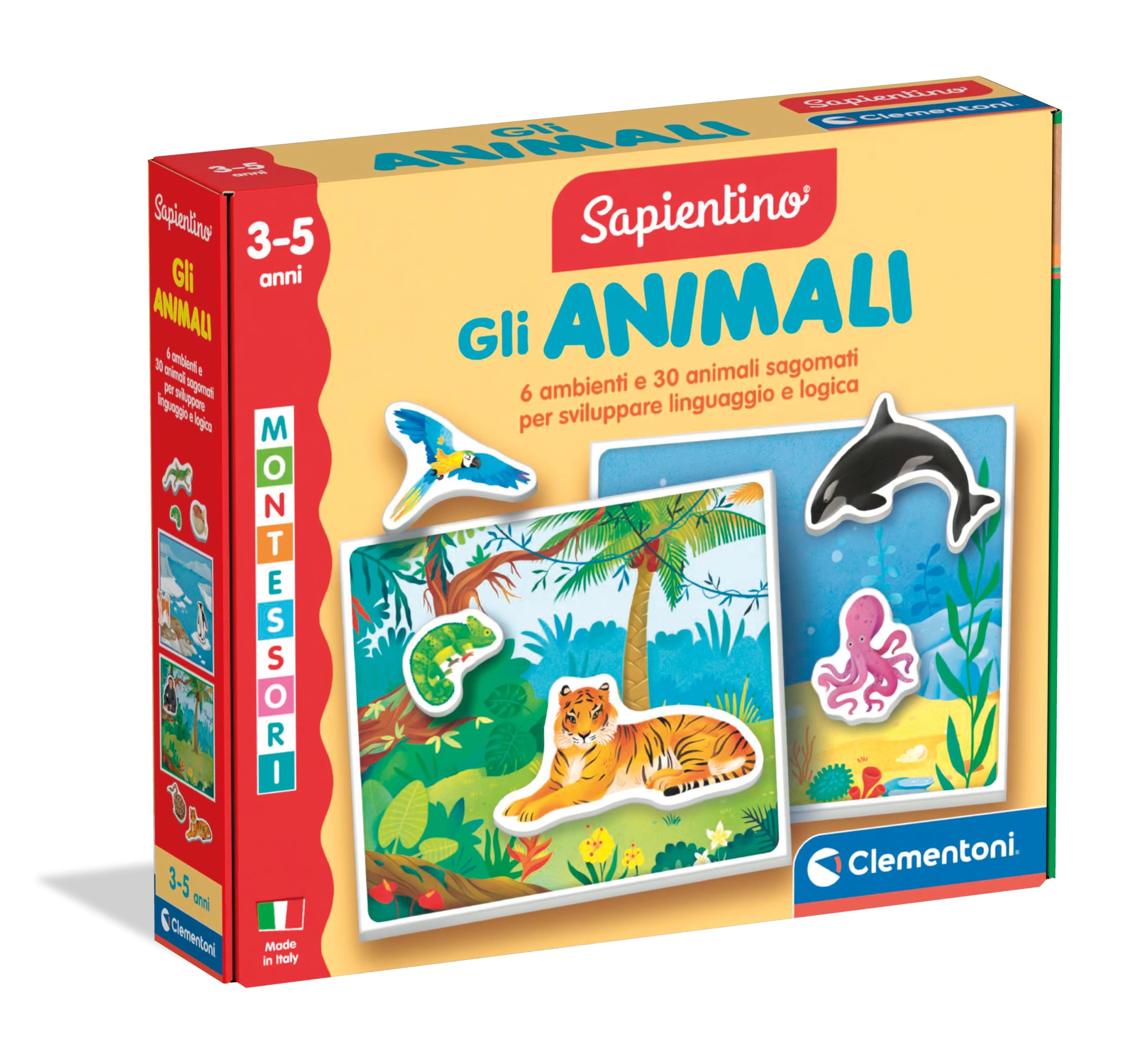 Clementoni - Sapientino Montessori 3 Years with Shaped Cards, Flashcards, Educational Game for Learning Animals, Language Development, Made in Italy, 16867, Multi-Colour