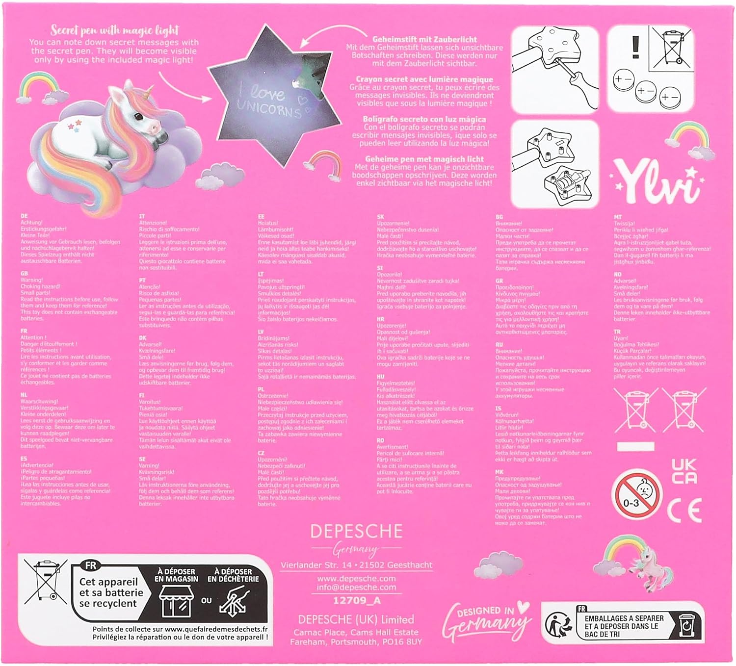 Depesche 12709 Ylvi Pink Unicorn Diary with Star Closure, Beautifully Illustrated Page Book and Secret Pencil, Multicoloured, One Size