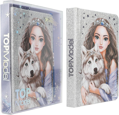 Depesche TOPModel Wolf 13176 Notebook in Glittering Silver and Blue with Wolf Motif, Stars and 160 Pages, Includes Pencil