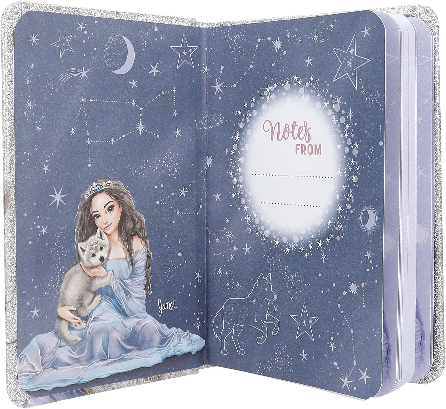 Depesche TOPModel Wolf 13176 Notebook in Glittering Silver and Blue with Wolf Motif, Stars and 160 Pages, Includes Pencil