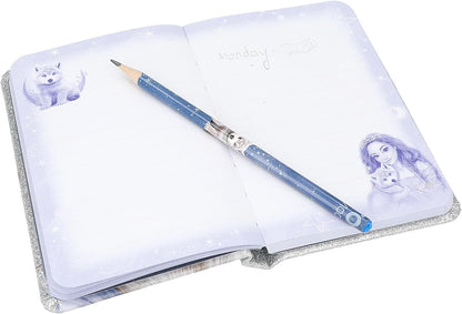 Depesche TOPModel Wolf 13176 Notebook in Glittering Silver and Blue with Wolf Motif, Stars and 160 Pages, Includes Pencil