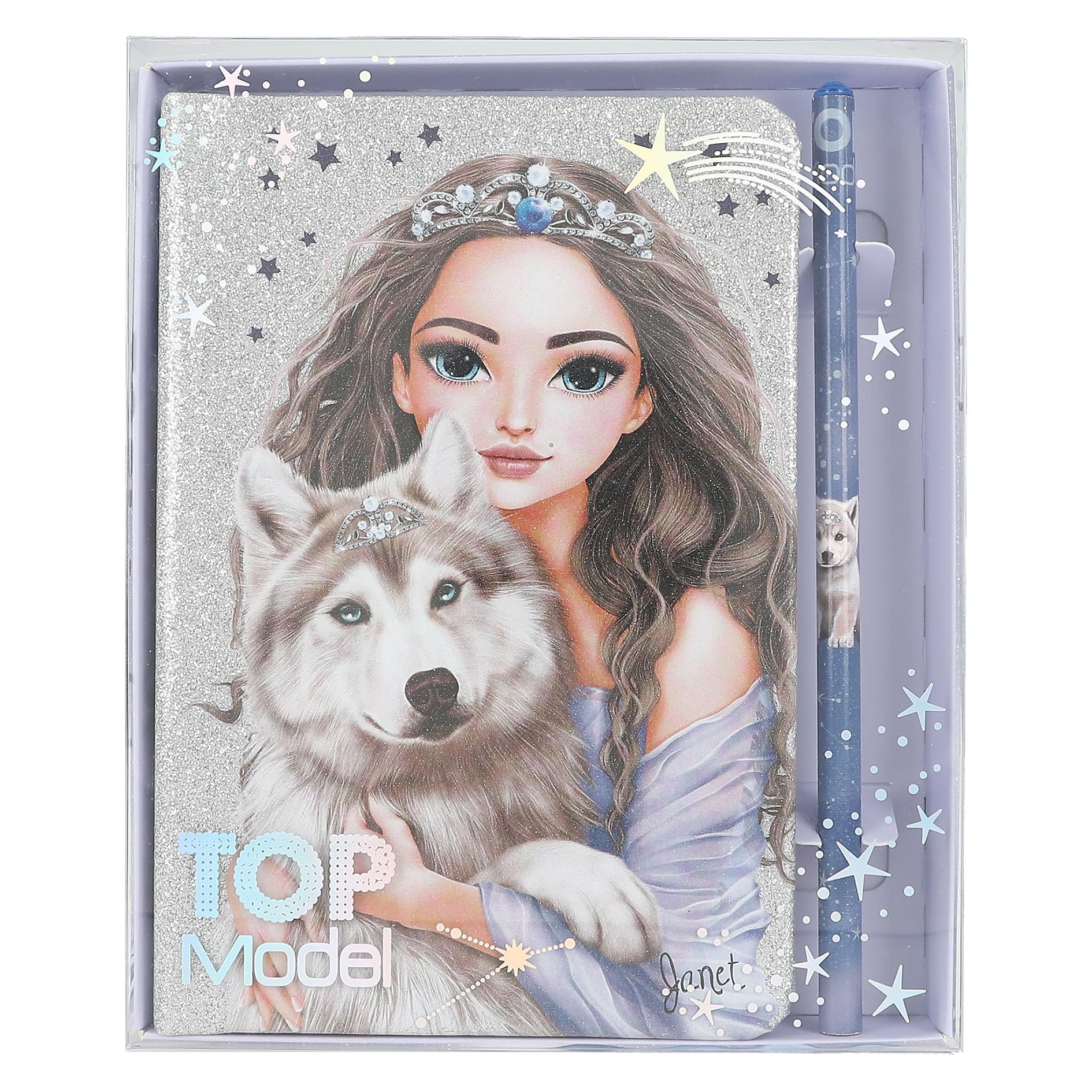 Depesche TOPModel Wolf 13176 Notebook in Glittering Silver and Blue with Wolf Motif, Stars and 160 Pages, Includes Pencil