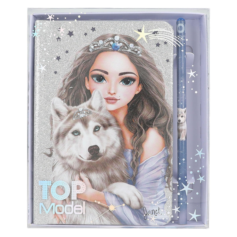 Depesche TOPModel Wolf 13176 Notebook in Glittering Silver and Blue with Wolf Motif, Stars and 160 Pages, Includes Pencil