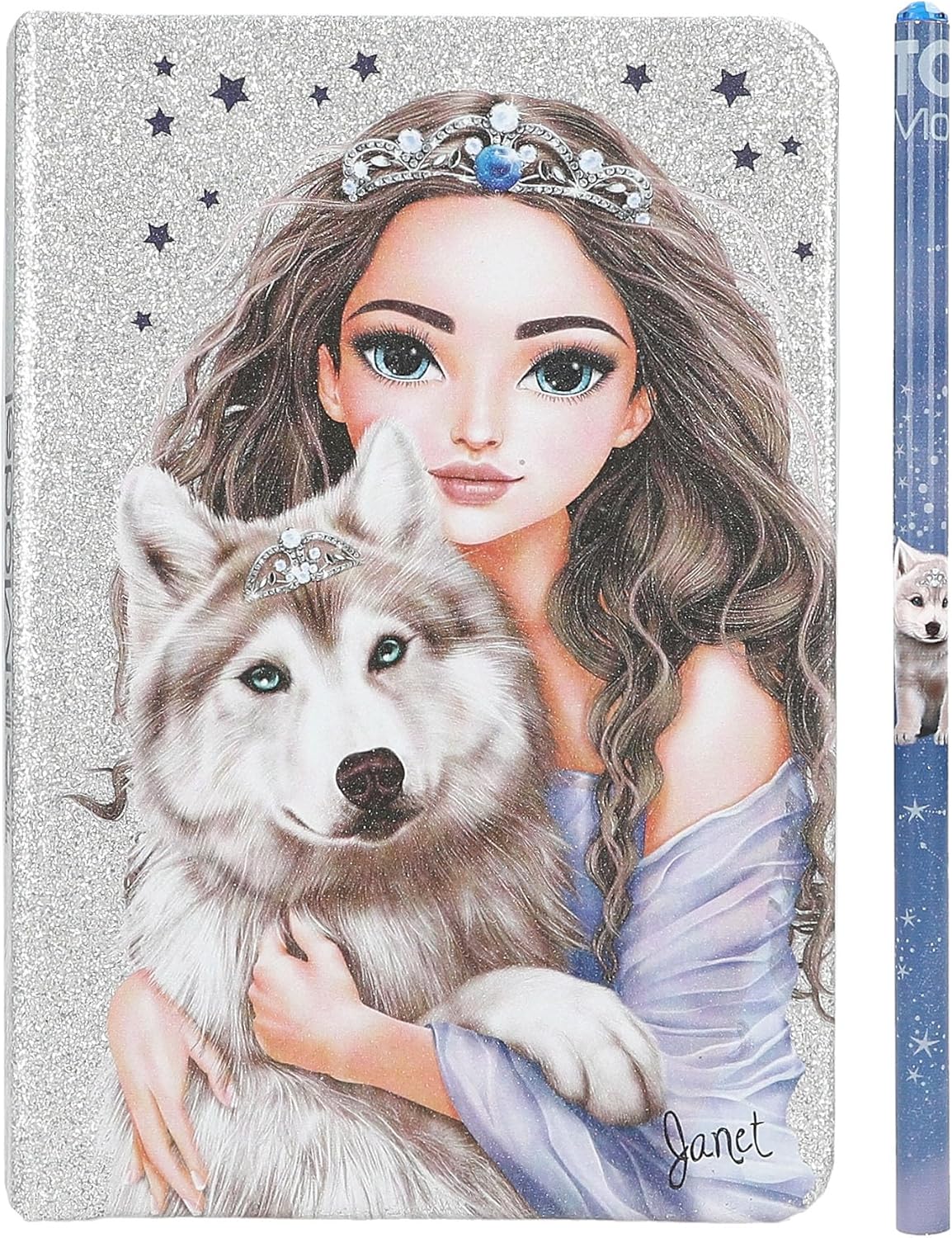 Depesche TOPModel Wolf 13176 Notebook in Glittering Silver and Blue with Wolf Motif, Stars and 160 Pages, Includes Pencil